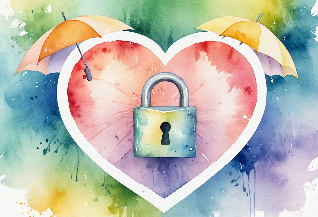 A heart-shaped padlock symbolizing security, entwined with two wedding rings to represent love and commitment. In the background, a peaceful couple gazes into each other's eyes, surrounded by soft pastel colors and gentle light. Include subtle elements like a shield or umbrella to denote protection and safety. The overall mood is warm and reassuring, emphasizing the theme of safeguarding relationships. soft watercolor style. vibrant colors.