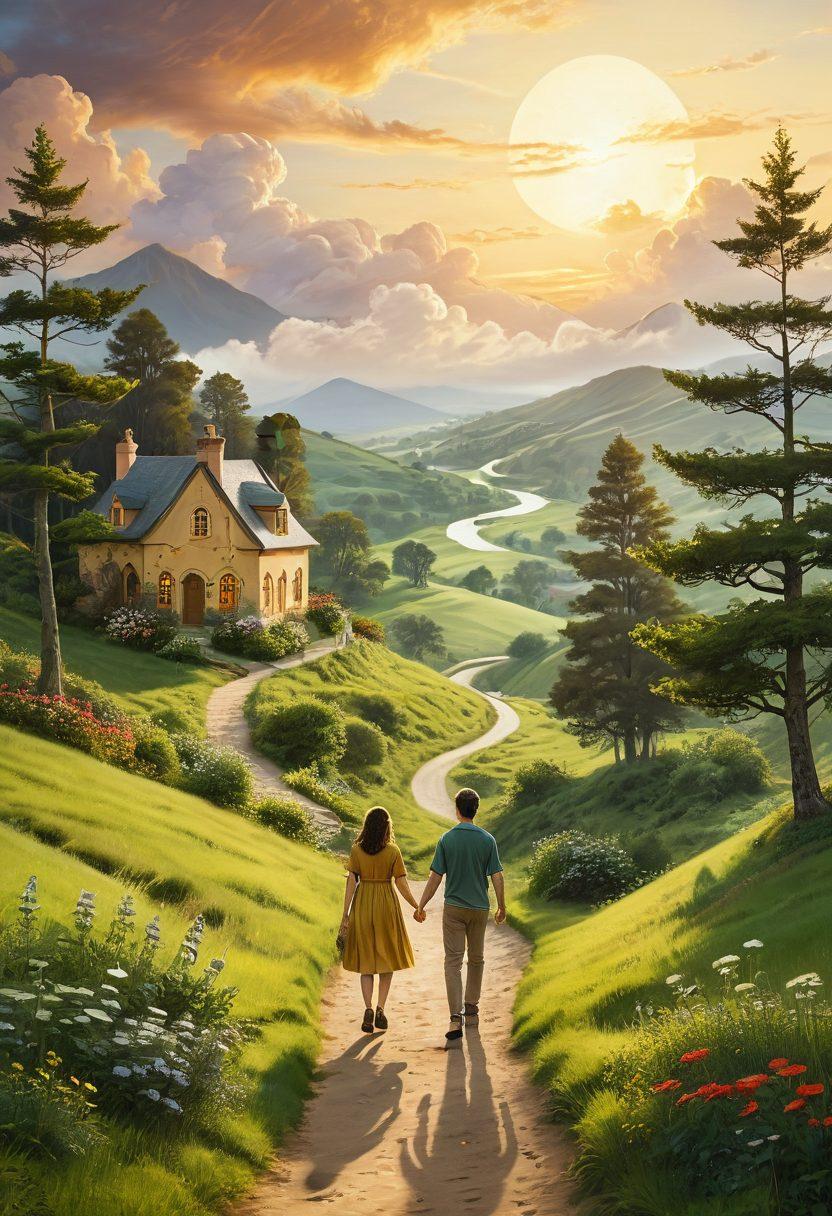 A scenic landscape representing the journey of navigating love and insurance, featuring a couple walking hand-in-hand on a winding path surrounded by lush green hills and soft clouds. Alongside the path, subtle symbols of insurance, like house icons and hearts, blend seamlessly into the scenery. The warm sunlight casts a golden hue, creating an inviting atmosphere. whimsical style. vibrant colors. soft focus.