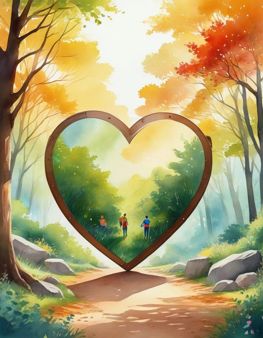 A heart-shaped shield symbolizing protection, surrounded by diverse couples of various backgrounds, engaging in joyful activities together, like hiking and having a picnic. The setting is a sunny park with vibrant greenery, conveying a sense of security and love. Elements like insurance documents subtly incorporated into the background. watercolor style. vibrant colors.